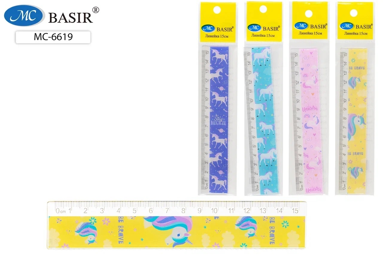 Линейка 15см пластиковая MC BASIR Единорог, арт. МС-6619