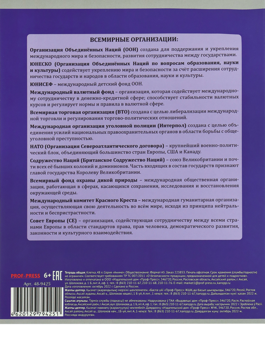 Тетрадь предметная Обществознание 48листов клетка ПРОФ-ПРЕСС Аниме, арт. 48-9425