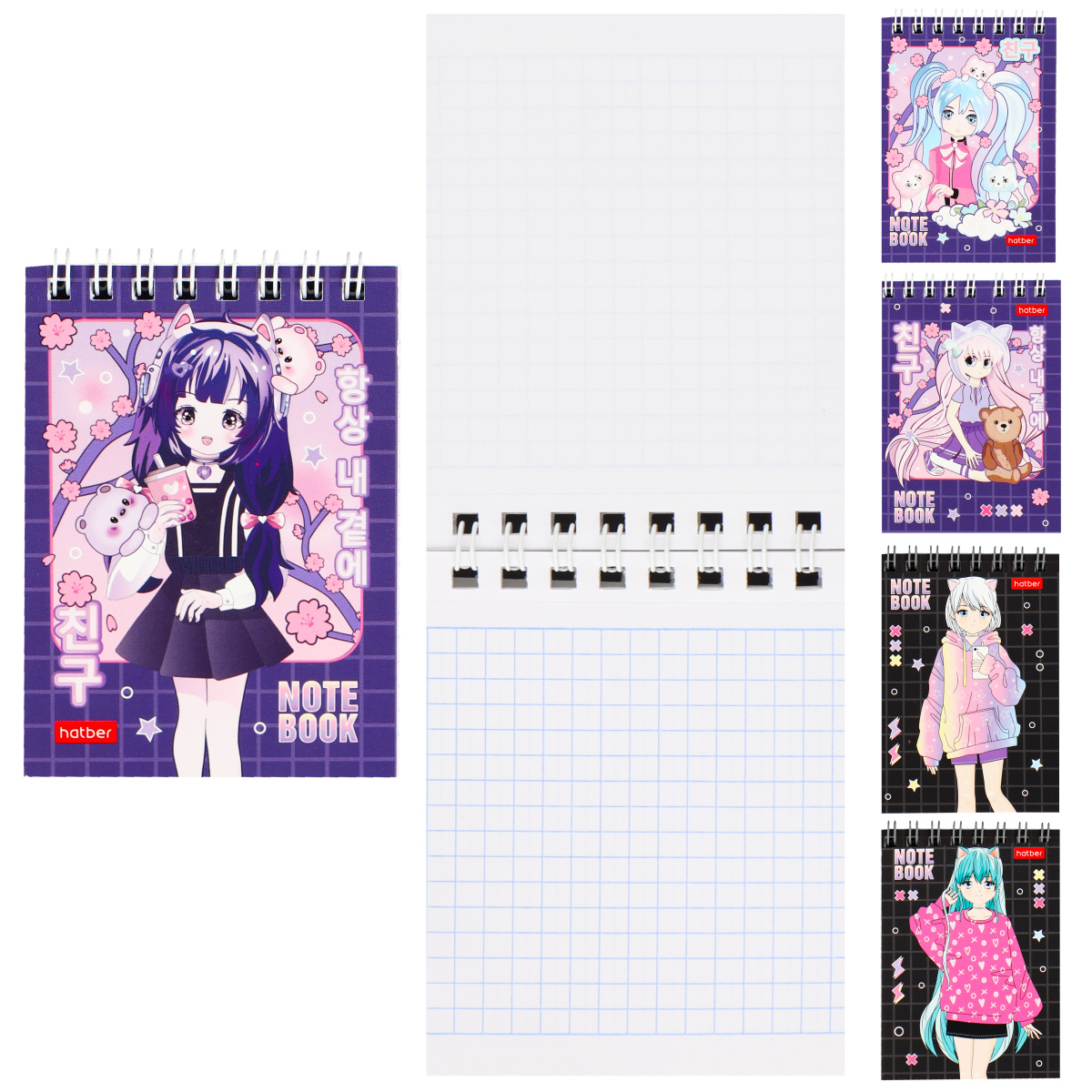 Блокнот А7 60л клетка спираль ХАТБЕР Неко-Тян аниме, арт. 60Б7В1гр