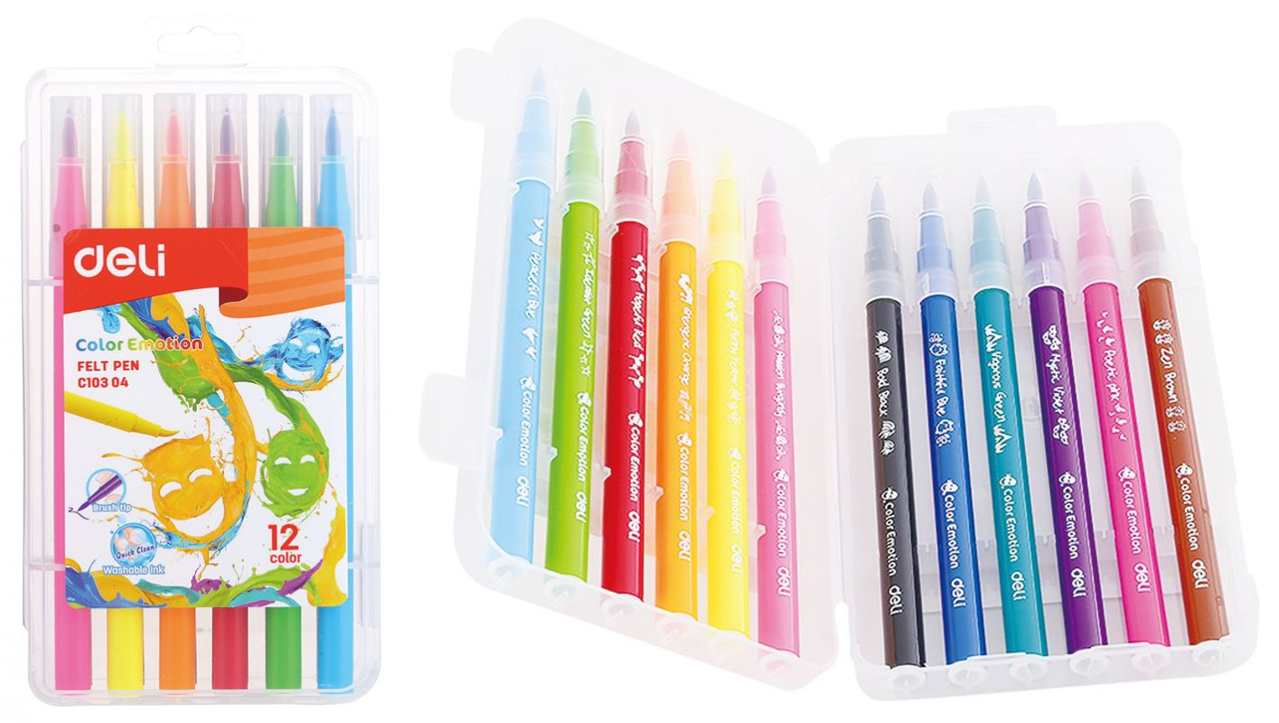Фломастеры 12цветов DELI Color Emotion наконечник-кисть смываемые пластиковый бокс, арт. EC10304