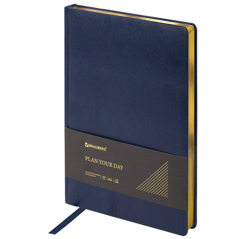 Ежедневник недатированный А4 BRAUBERG Iguana кремовый блок искусственная кожа синий срез золотой, арт. 114451