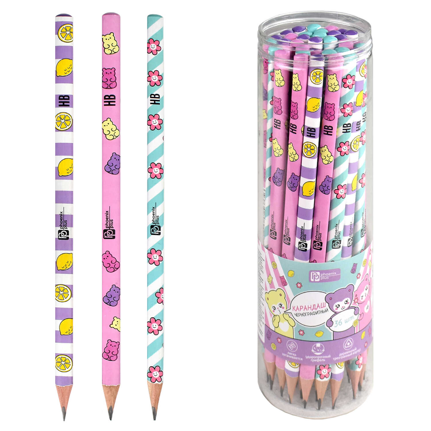 Карандаш чернографитный трехгранный HB ФЕНИКС Мармелад корпус ассорти, арт. 63686