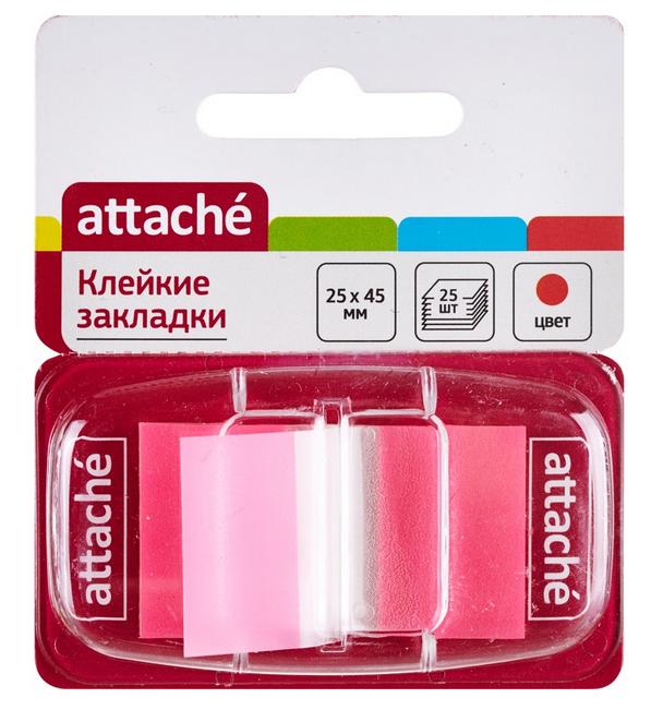 Закладки с клеевым краем пластиковые 25*45мм 25листов ATTACHE розовые неоновые в диспенсере, арт. 166084