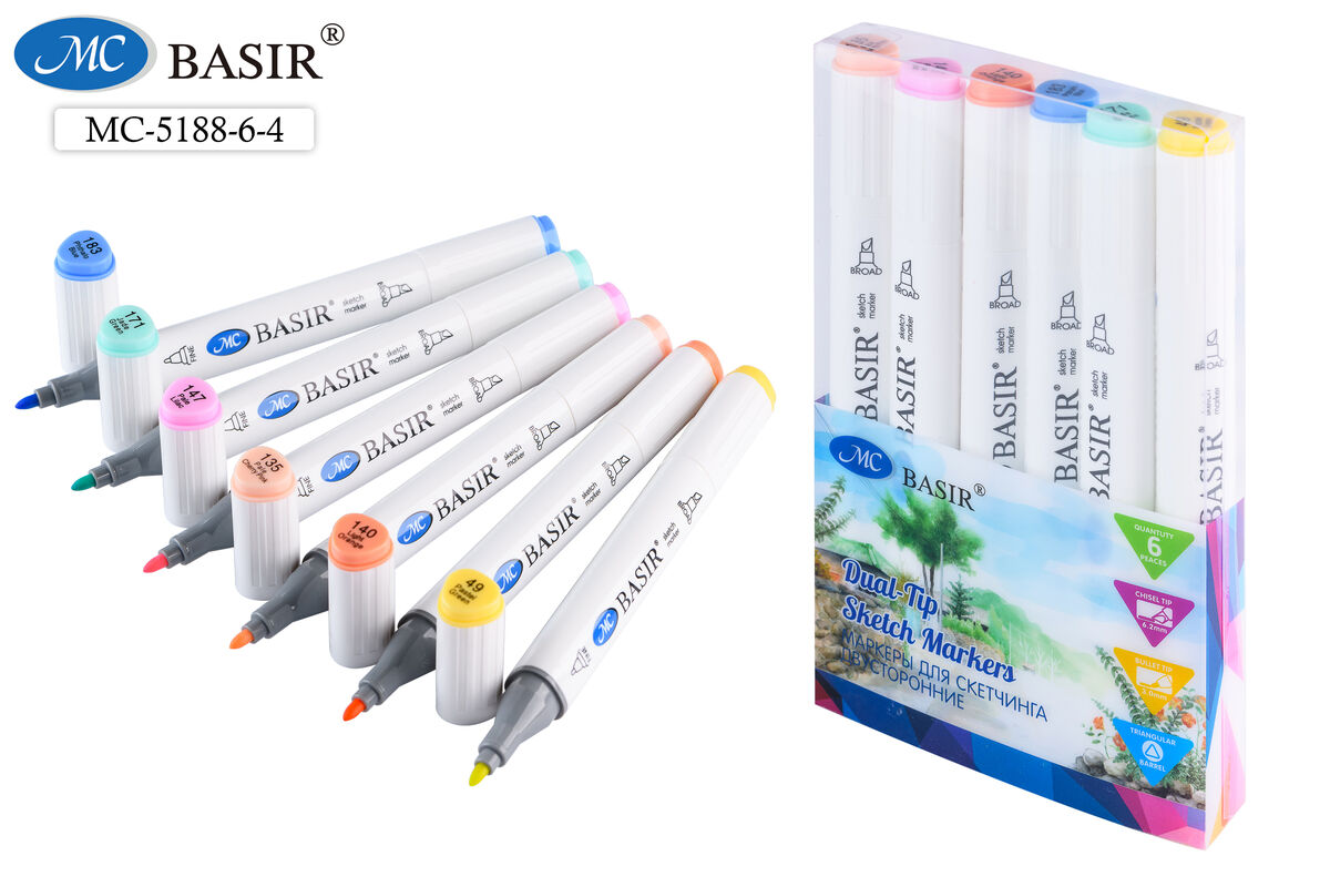Набор маркеров д/скетчинга 6цв 1-7мм MC BASIR спокойные тона трехгранные двухсторонние, арт. МС-5188-6-4