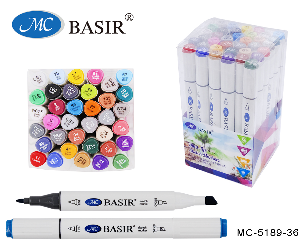 Набор маркеров д/скетчинга 36цв 1-7мм MC BASIR трехгранные двухсторонние круглый/скошенный, арт. МС-5189-36