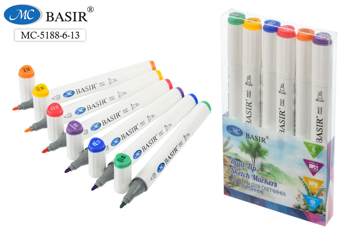 Набор маркеров д/скетчинга 6цв 1-7мм MC BASIR Ассорти трехгранные двухсторонние, арт. МС-5188-6-13