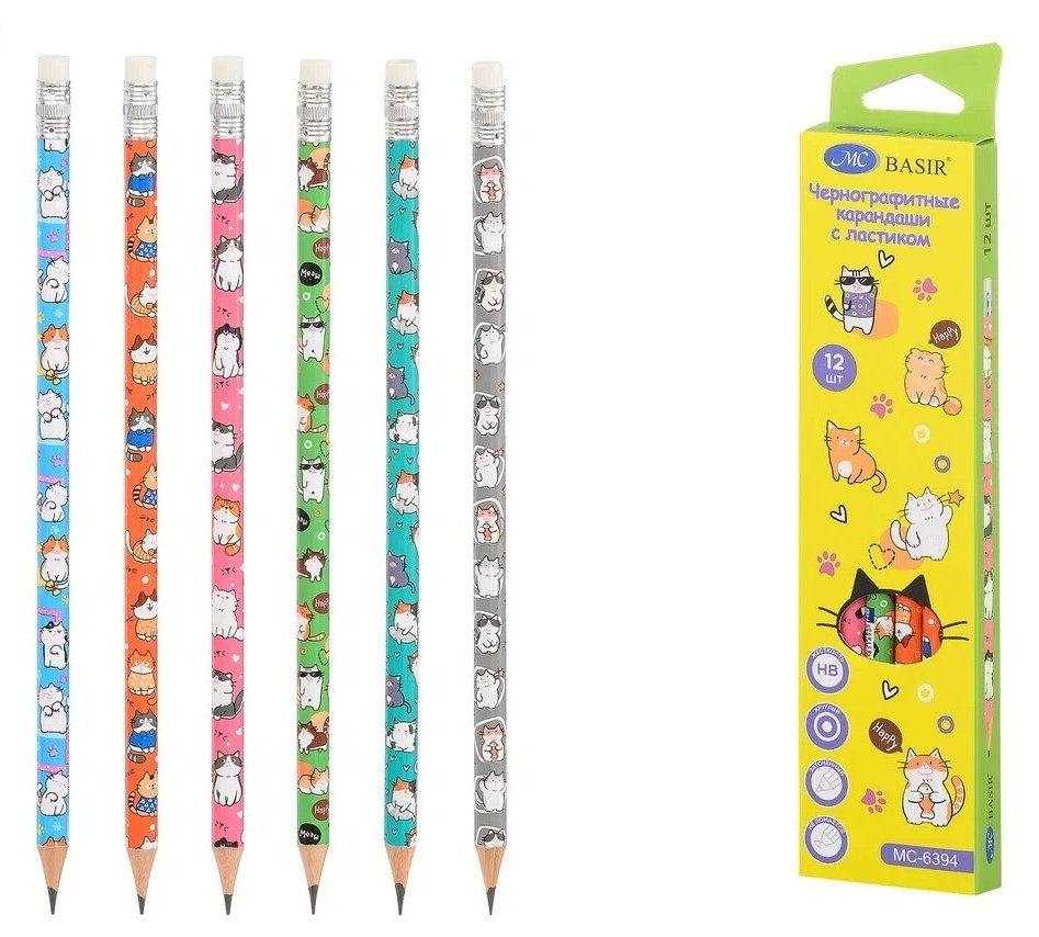 Карандаш чернографитный с ластиком HB MC BASIR Кошки корпус ассорти, арт. МС-6394-12