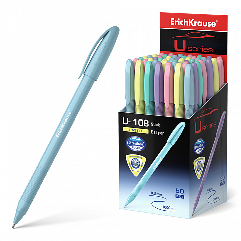 Ручка шариковая синяя игла 1,0/0,3 ERICH KRAUSE U-108 Pastel Stick корпус ассорти трехгранный однораз масляный стержень, арт. 58110