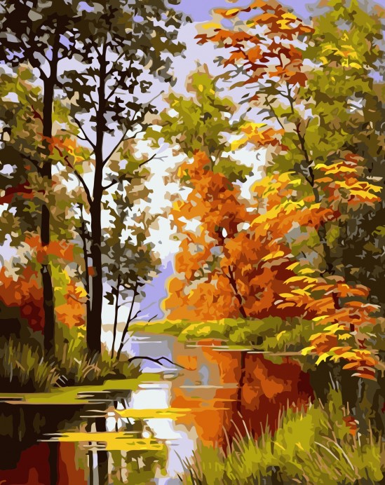 Картина по номерам с акриловыми красками без подрамника 40*50 NN Река в осеннем лесу , арт. VA3502