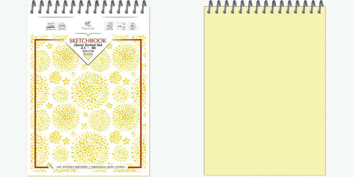 Блокнот/скетчбук А5 50л 80г/м2 спираль FINE LINE Classic Format tint желтая бумага , арт. 3070