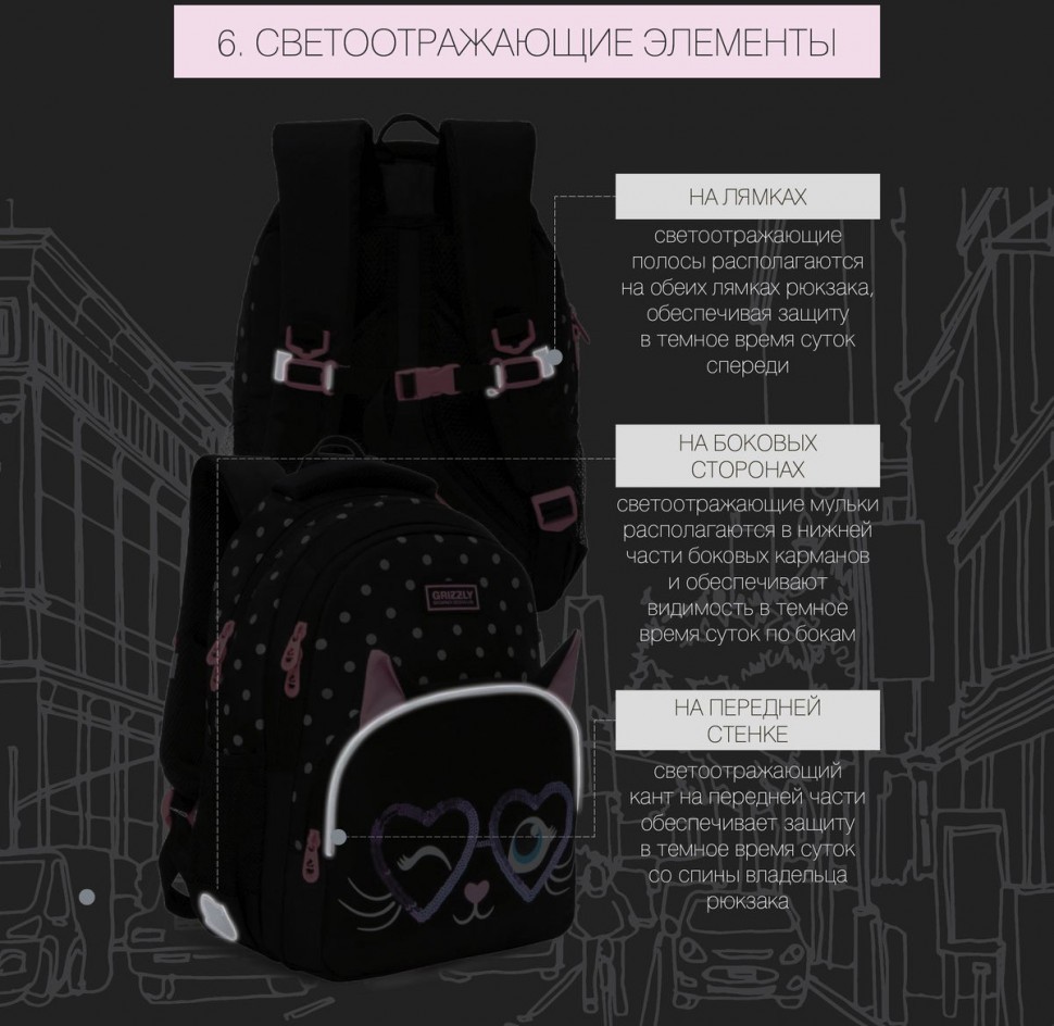 Рюкзак школьный GRIZZLY черный мягкий уплотненная спинка вентилируемые вставки, арт. RG-160-2/4