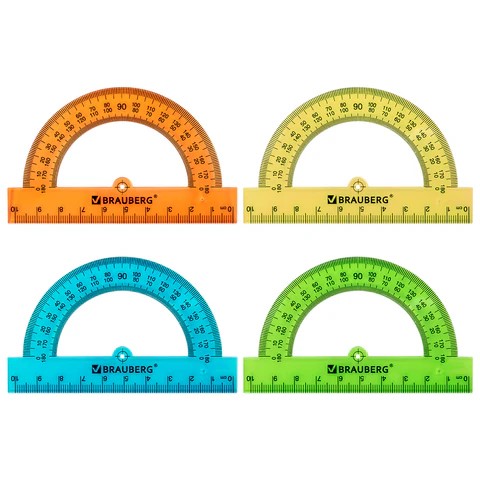 Транспортир 180гр 10см пластиковый BRAUBERG прозрачный неон ассорти, арт. 210847