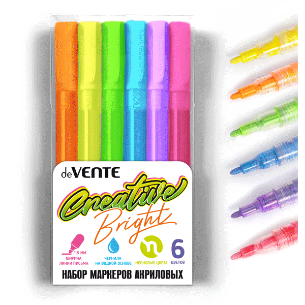 Набор акриловых маркеров 6цв 1,5мм deVENTE Creative Bridht неон, арт. 5044303
