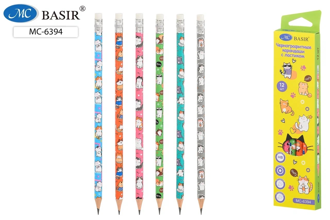 Карандаш чернографитный с ластиком HB MC BASIR Кошки корпус ассорти, арт. МС-6394-12