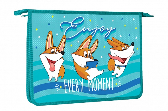 Папка для тетрадей А4 на молнии 1 отделение ХАТБЕР Забавные корги ассорти дно с расширением, арт. AMc_22032