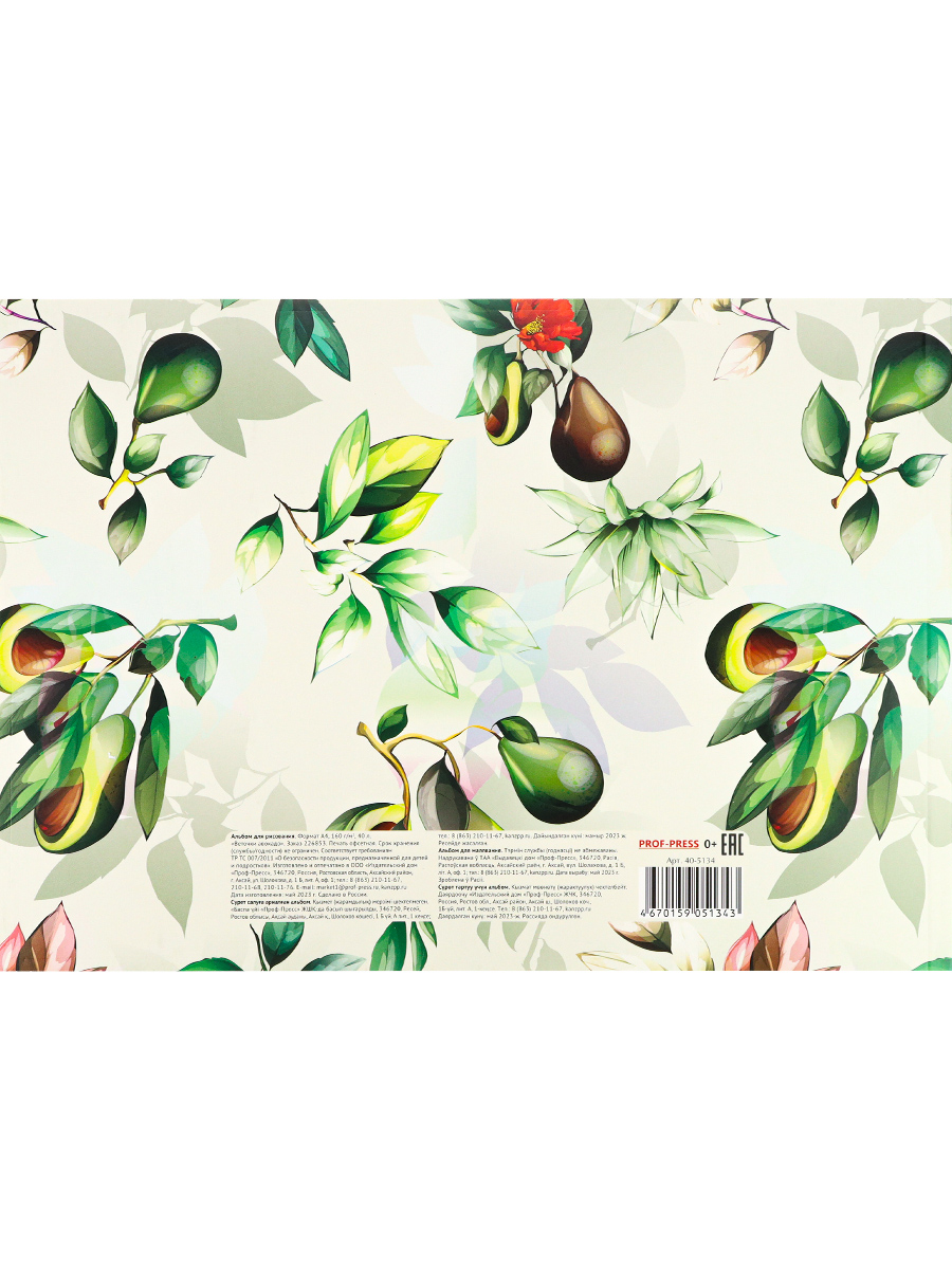 Альбом для рисования 40л склей ПРОФ-ПРЕСС Веточки авокадо, арт. 40-5134