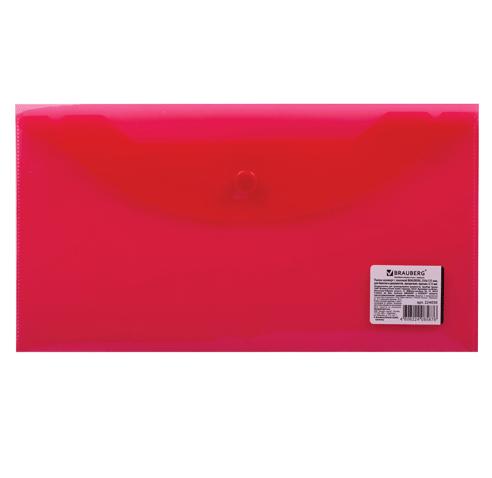 Папка конверт на кнопке 250*135мм 150мкр BRAUBERG красная прозрачная, арт. 224030