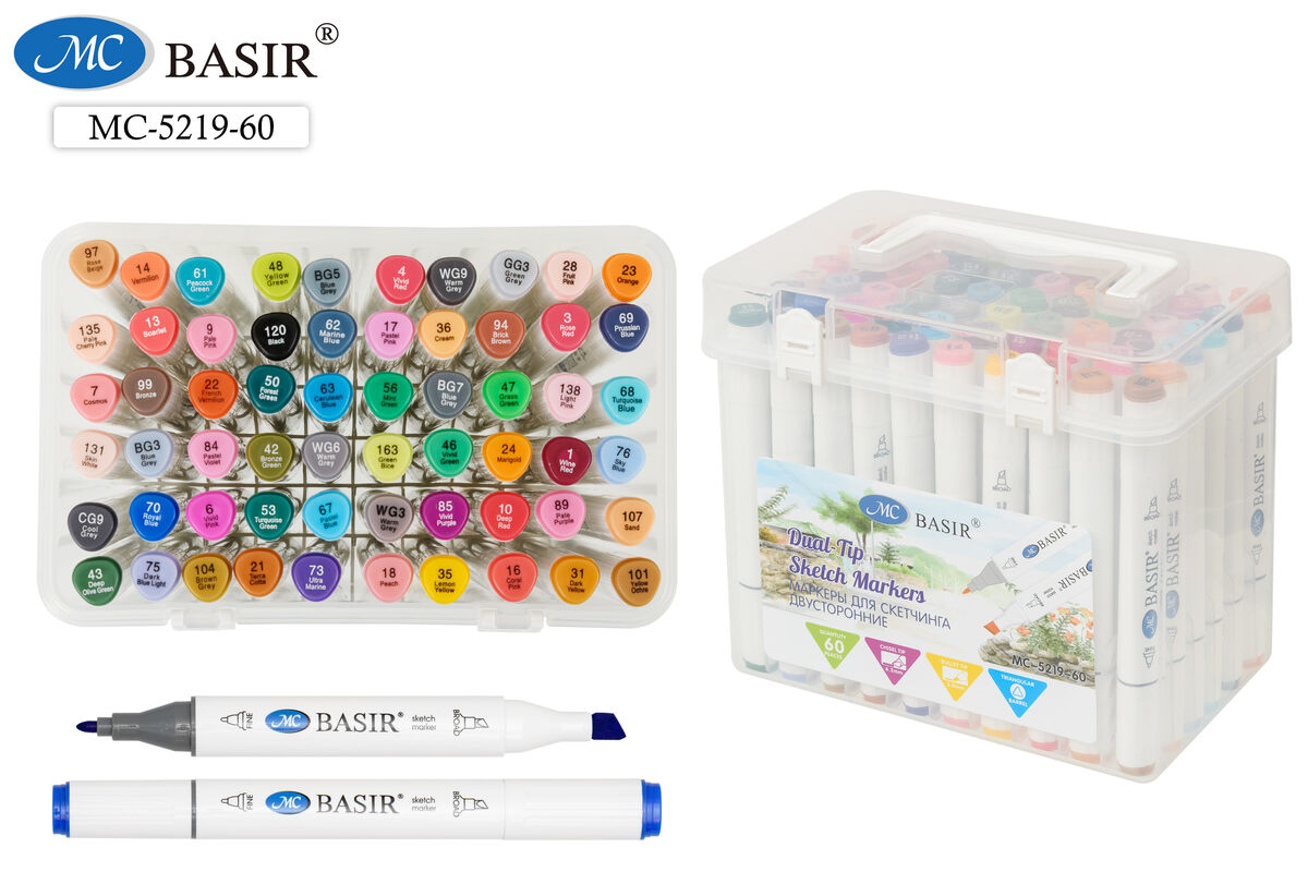 Набор маркеров д/скетчинга 60цв 1-7мм MC BASIR трехгранные двухсторонние пластиковый бокс, арт. MC-5219-60