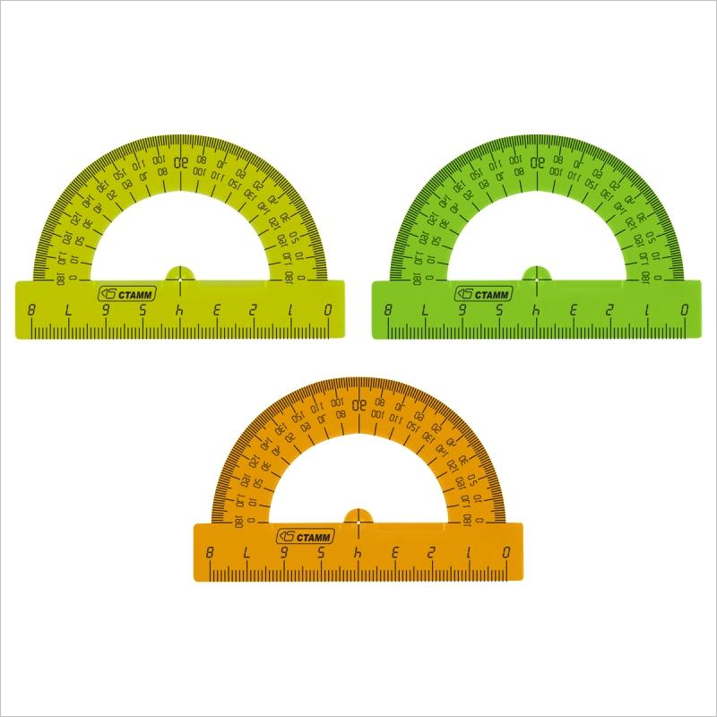 Транспортир 180гр 10см пластиковый СТАММ Neon Cristal прозрачный ассорти, арт. ТР110