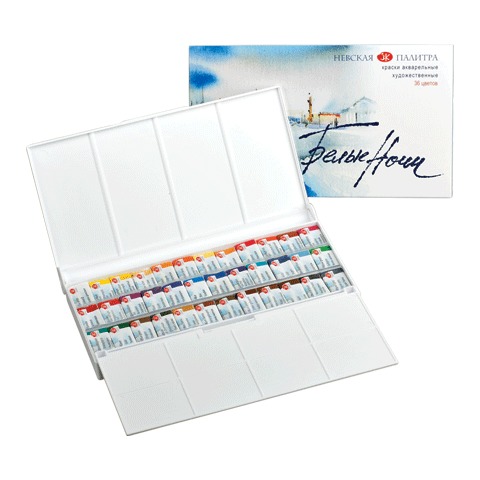 Краски акварельные 36цветов художественные НЕВСКАЯ ПАЛИТРА Белые ночи пластиковая коробка в кюветах, арт. 1942258