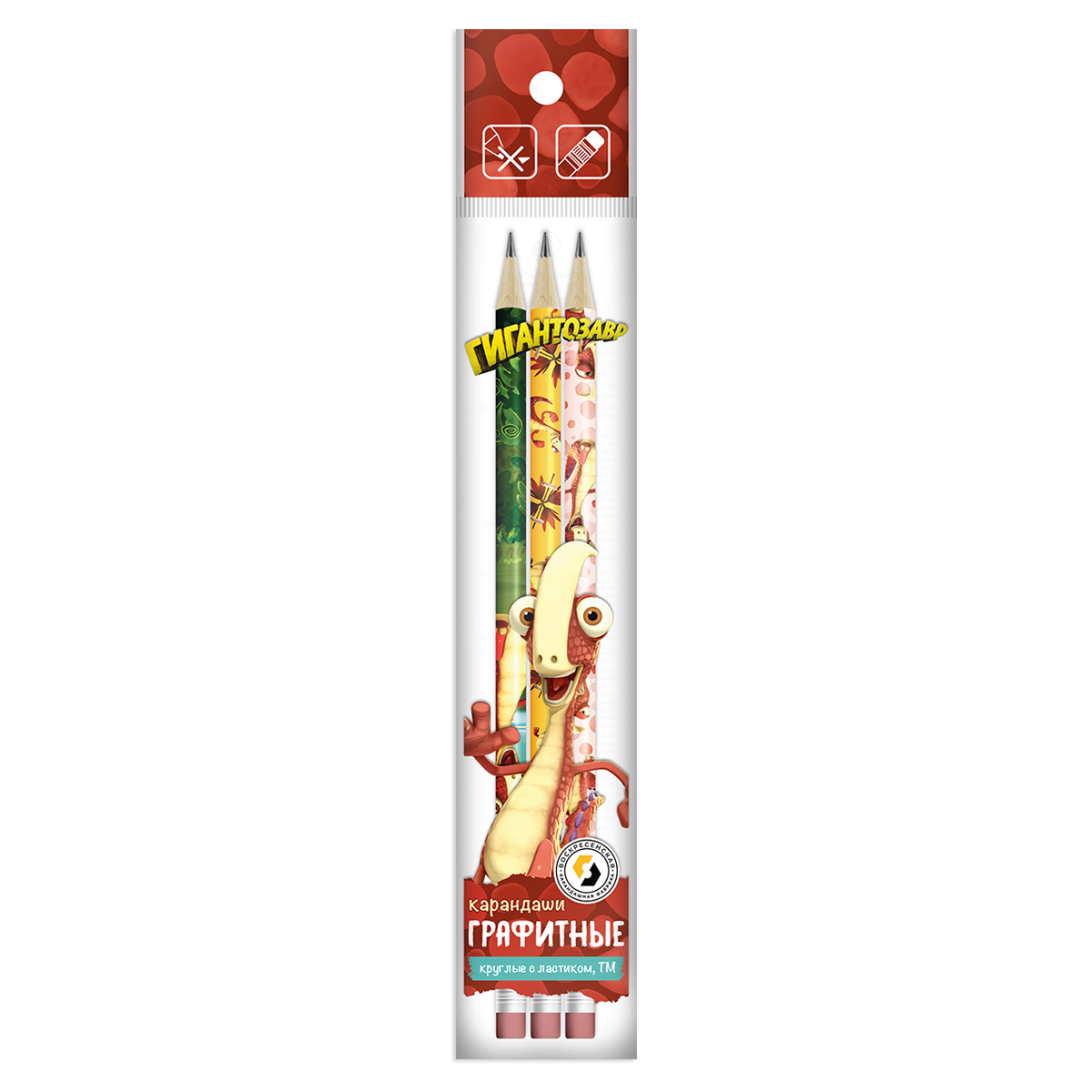 Карандаш чернографитный с ластиком HB ВКФ Hot Print Гигантозавр Рокки 3шт/упак, арт. GGZ-3P-03