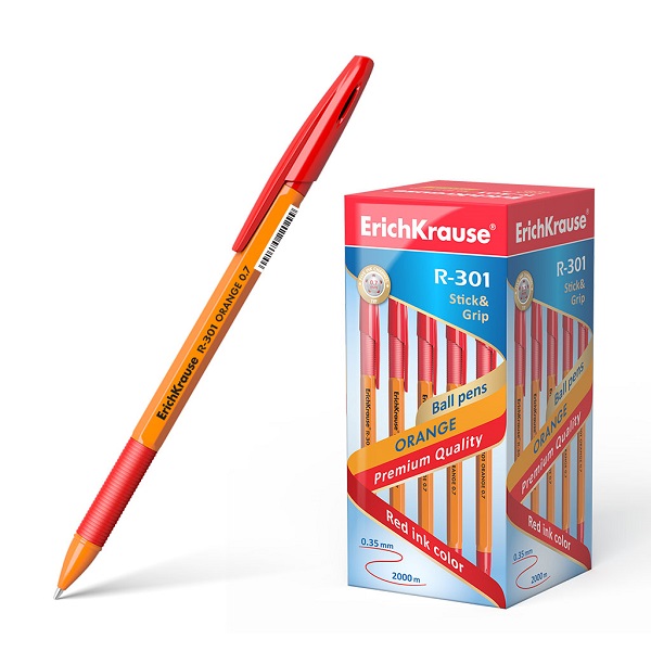 Ручка шариковая красная 0,7/0,35 ERICH KRAUSE R-301 Orange Stick&Grip корпус оранжевый с резиновым держателем стержень 140мм, арт. 43189