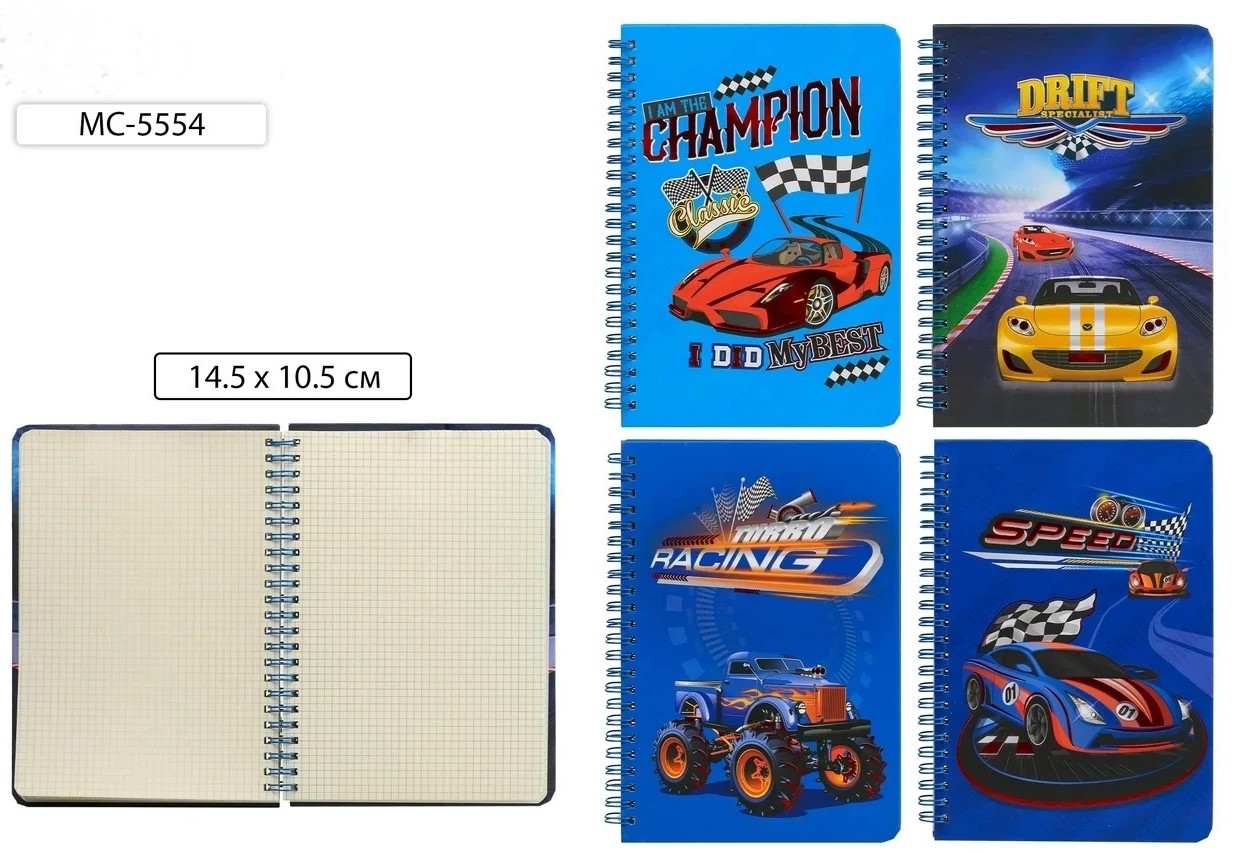 Блокнот А6 60л клетка спираль MC BASIR МАШИНЫ , арт. МС-5554