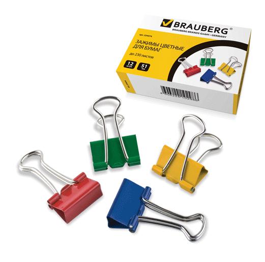 Зажим для бумаг 51 мм цветной BRAUBERG, арт. 224474