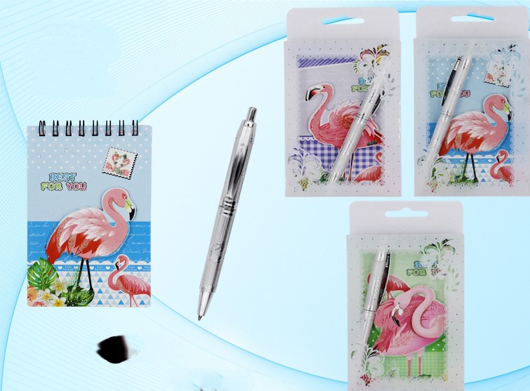 Блокнот А7 40л лин спираль MC BASIR Фламинго + ручка в подарочной упаковке, арт. МС-4586