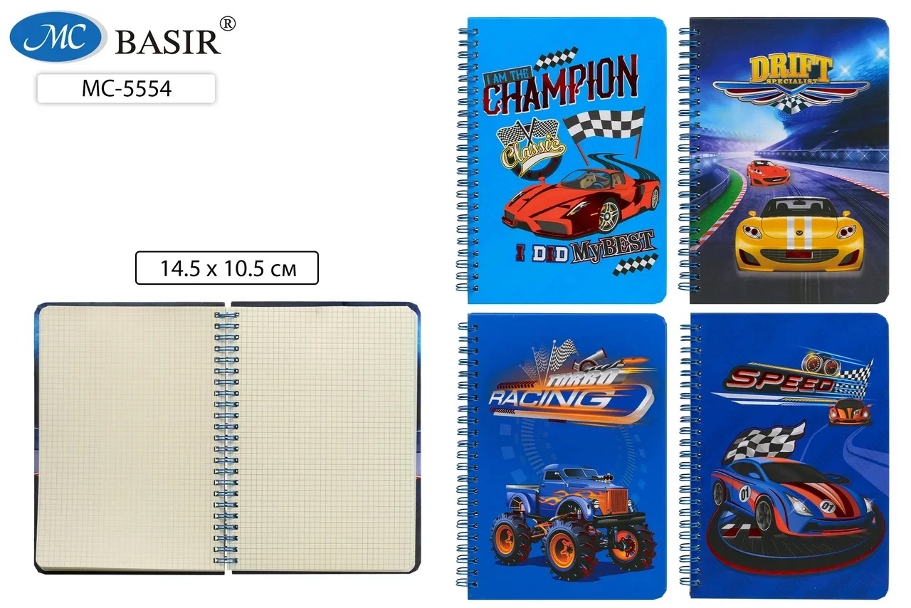 Блокнот А6 60л клетка спираль MC BASIR МАШИНЫ , арт. МС-5554