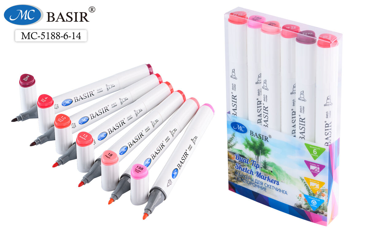 Набор маркеров д/скетчинга 6цв 1-7мм MC BASIR Red трехгранные двухсторонние, арт. МС-5188-6-14