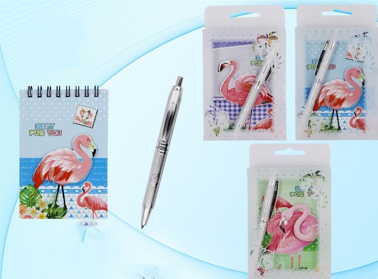 Блокнот А7 40л лин спираль MC BASIR Фламинго + ручка в подарочной упаковке, арт. МС-4586