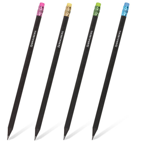 Карандаш чернографитный с ластиком черное дерево HB BRAUBERG Black wood корпус черный, арт. 180629