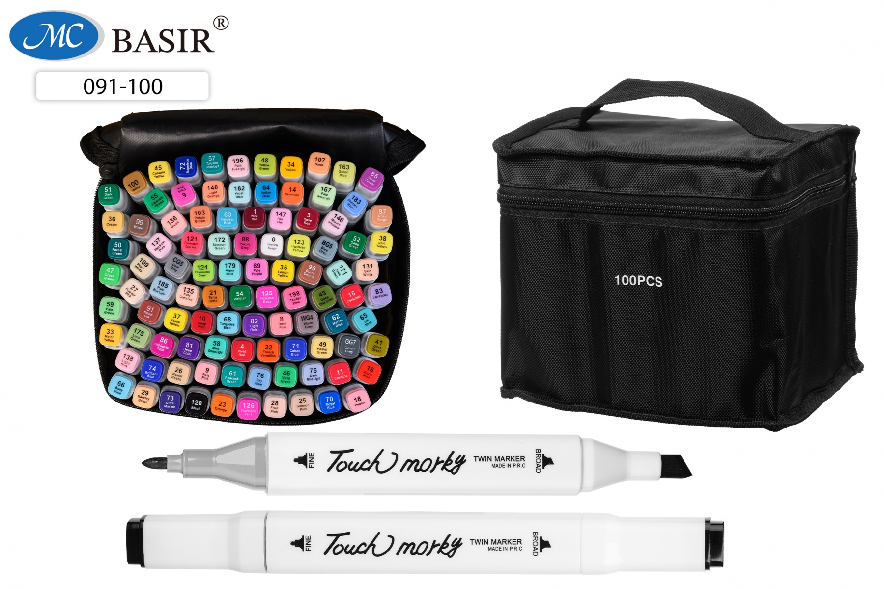 Набор маркеров д/скетчинга 100цв 1-7мм MC BASIR двухсторонние тканевая сумка, арт. МС-5191-100/091-100/МС-5190-100