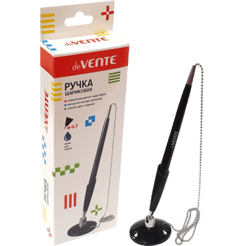 Ручка на подставке шариковая синяя deVENTE корпус черный с металлической цепочкой, арт. 5072303