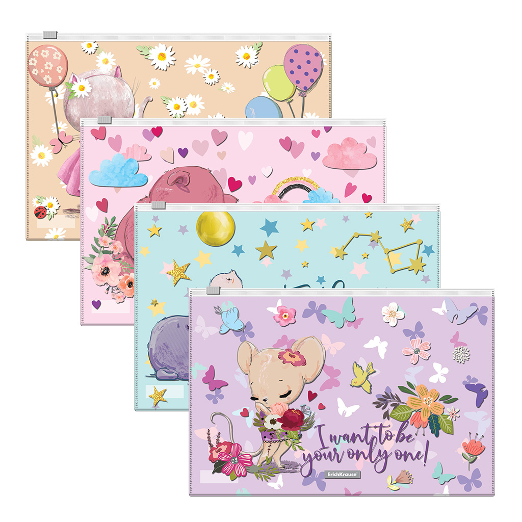 Папка конверт на молнии В5 ERICH KRAUSE Cute Animals ассорти прозрачная, арт. 54923