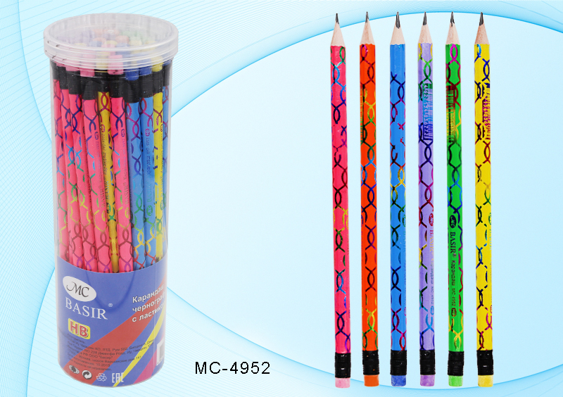 Карандаш чернографитный с ластиком HB MC BASIR корпус ассорти, арт. МС-4952