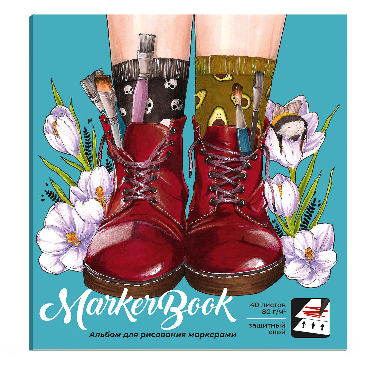 Альбом для рисования маркерами/маркербук 195*195 40л 80г/м2 ФЕНИКС Творческие боты белая бумага, арт. 60504