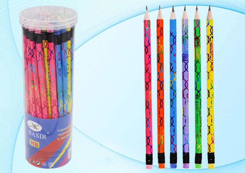Карандаш чернографитный с ластиком HB MC BASIR корпус ассорти, арт. МС-4952