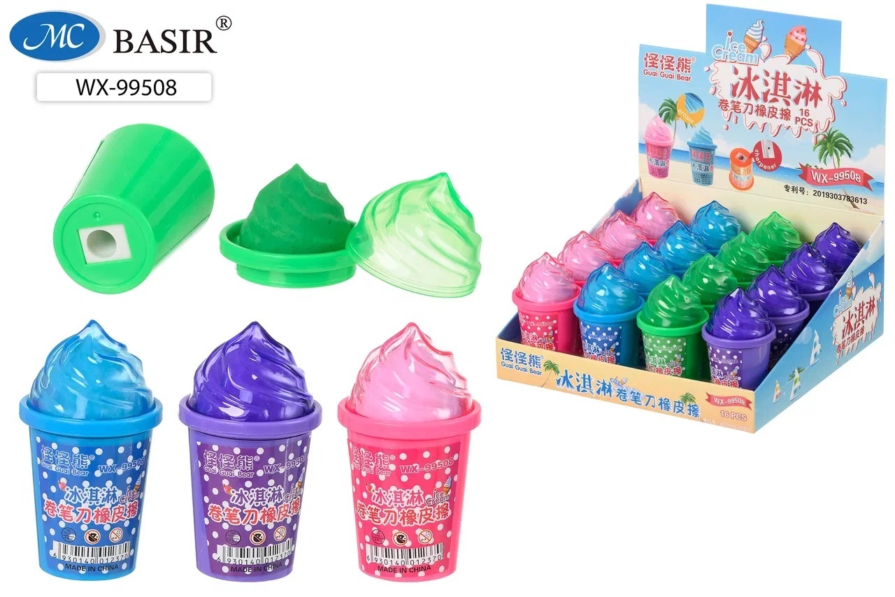 Точилка фигурная с контейнером MC BASIR Мороженое с ластиком ассорти, арт. WW-99508