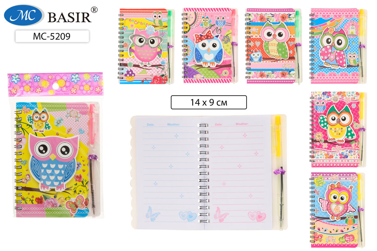 Блокнот А6 36л лин спираль MC BASIR Сова + ручка, арт. MC-5209