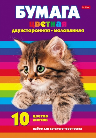 Бумага цветная мелованная двусторонняя А4 10цв 10л ХАТБЕР Котенок, арт. 10Бц4м_09623