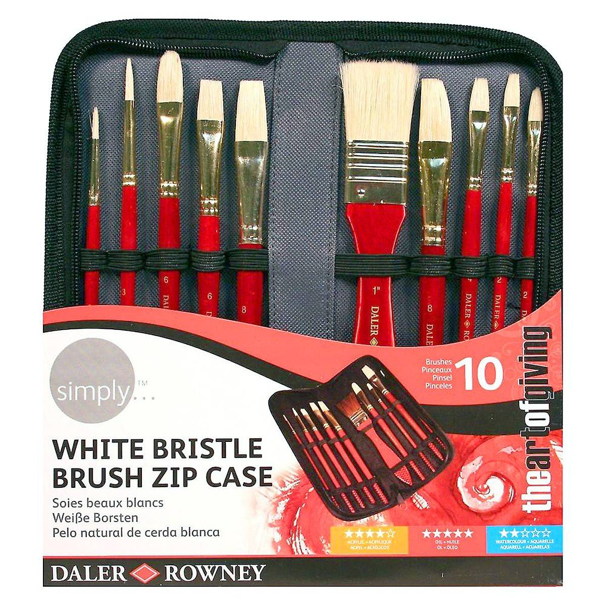 Кисть набор DALER ROWNEY Simply №0,2 щетина круглая, №1,2,4,6,8 щетина плоская в пенале 10шт для масла, арт. 216949010