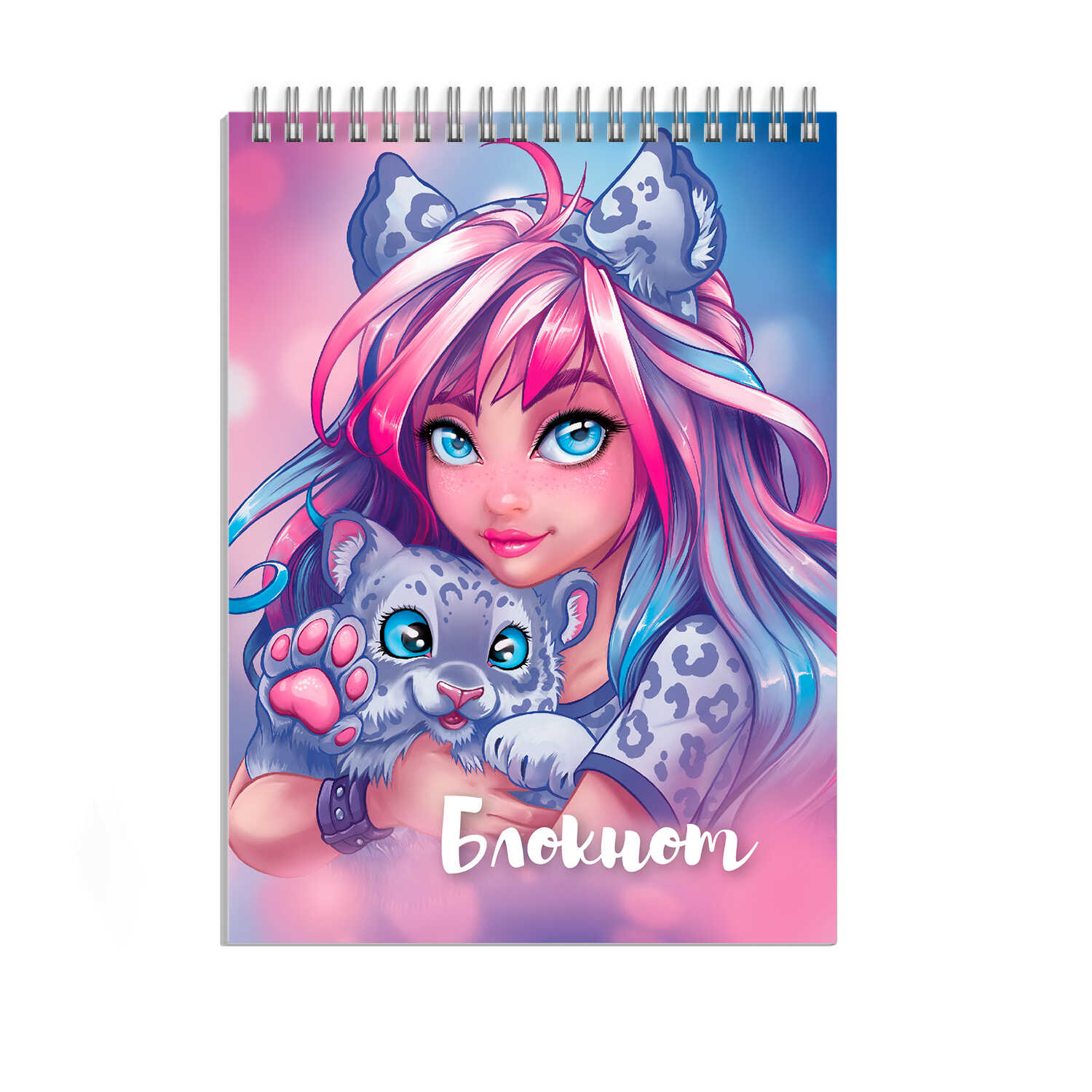 Блокнот А7 40л клетка спираль ФЕНИКС девушка с барсом, арт. 62955