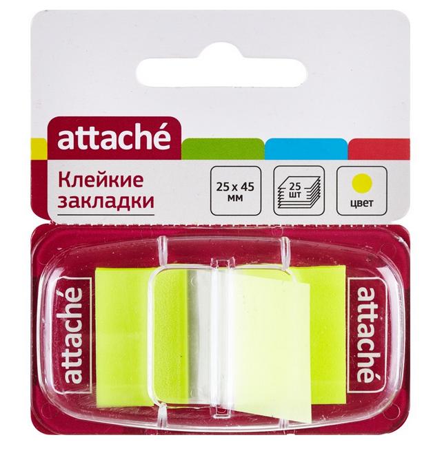 Закладки с клеевым краем пластиковые 25*45мм 25листов ATTACHE желтые неоновые в диспенсере, арт. 166081