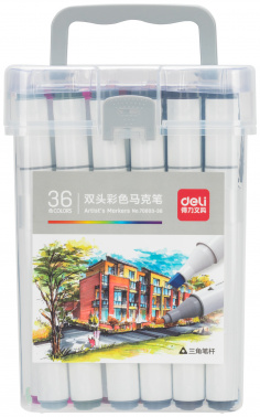 Набор маркеров д/скетчинга 36цв DELI двухсторонние скошенный/круглый пластик бокс , арт. 70803-36