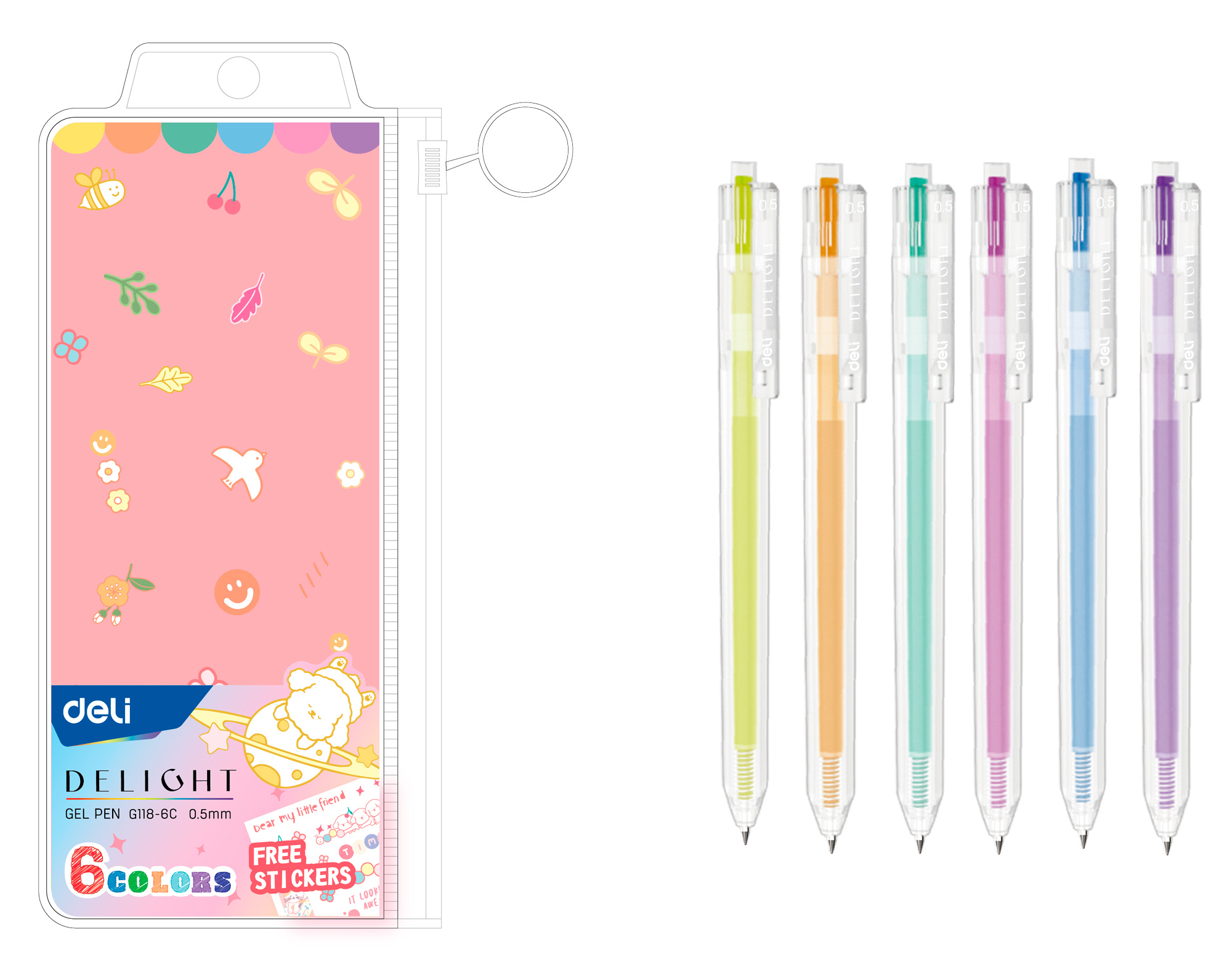Ручки в наборе гелевые  6цв DELI Delight автоматические, арт. EG118-6C