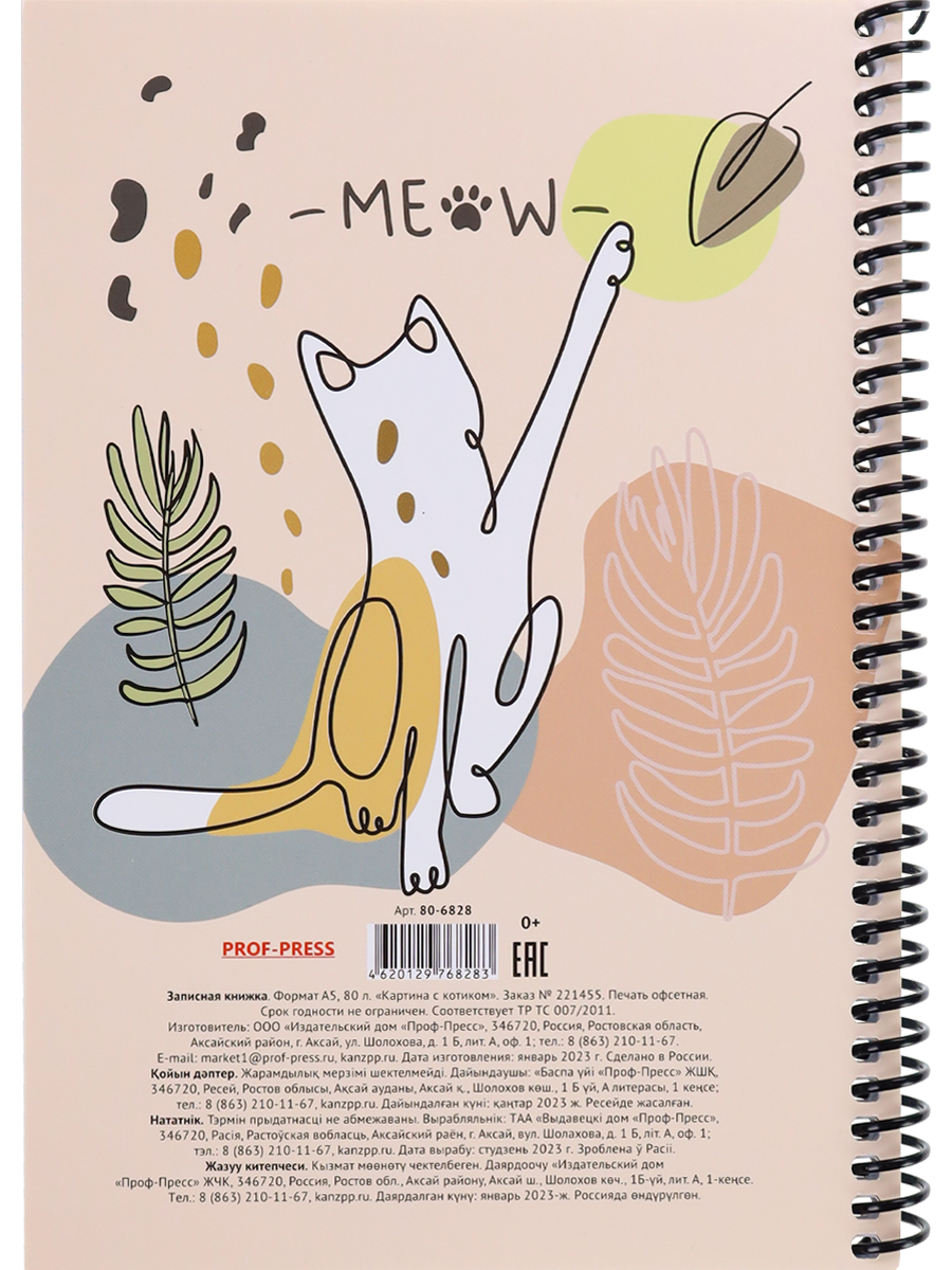 Записная книжка А5 80л клетка спираль ПРОФ-ПРЕСС Картина с котиком, арт. 80-6828