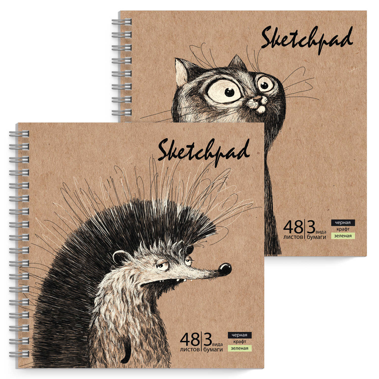 Блокнот д/эскизов/скетчпад 195*195 48л 120г/м2 80г/м2 спираль ФЕНИКС Еж и кот чер/зел/крафт бумага, арт. 57322