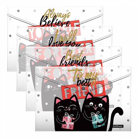 Папка конверт на кнопке А4 160мкр ERICH KRAUSE Feline Friends ассорти прозрачная, арт. 54903